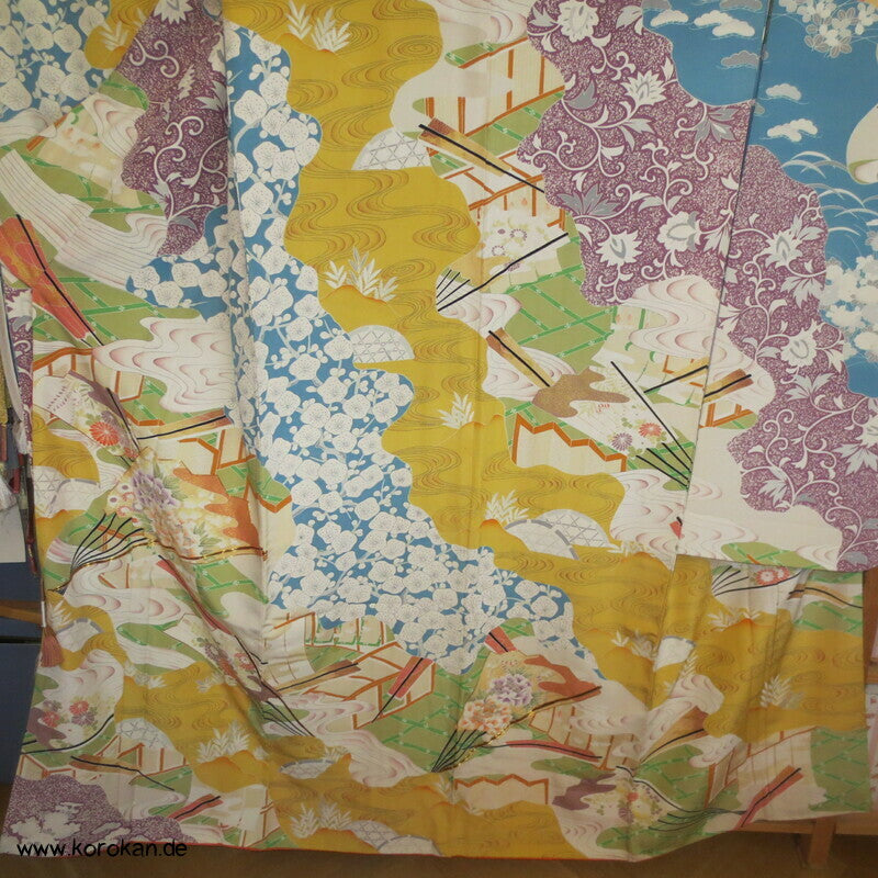pastellbuntes Diagonalflussmuster Furisode Seidencrepe Kimono