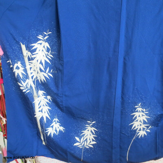 Winter Bambus auf blau Seidencrepe Tsukesage Kimono