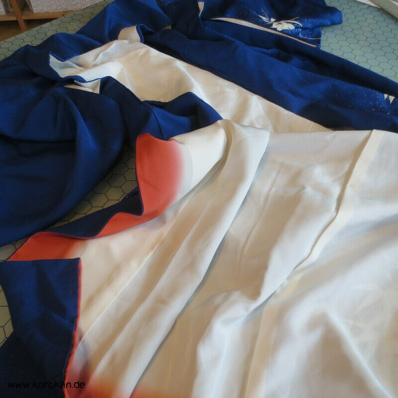 Winter Bambus auf blau Seidencrepe Tsukesage Kimono