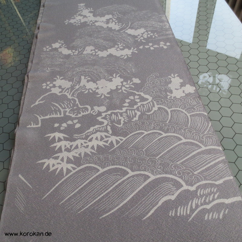 Bäume am Ufer weiß auf grau Seidencrepe Tanmono für Furisode Kimono