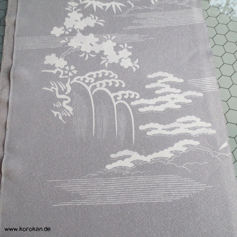 Bäume am Ufer weiß auf grau Seidencrepe Tanmono für Furisode Kimono
