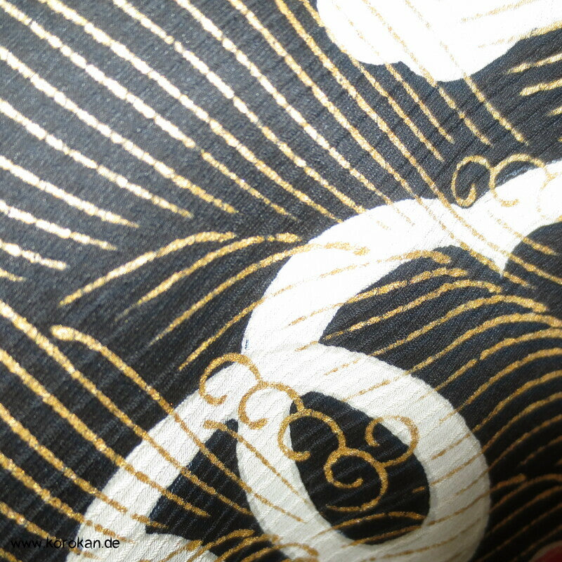 Chrysanthemen und goldene Wellen auf schwarz Seidendamast Furisode Kimono