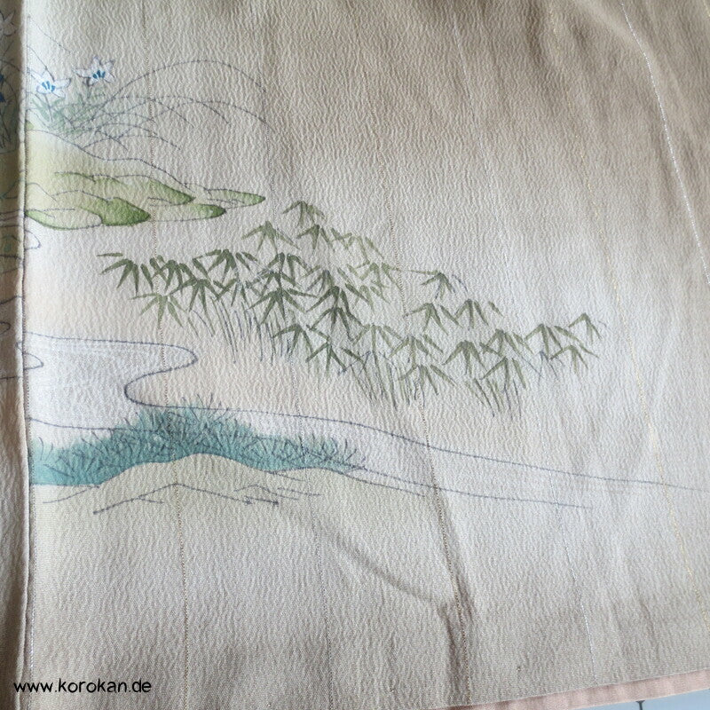 antiker Tempel Irotomesode Japan Kimono, Seidencrepe oliv