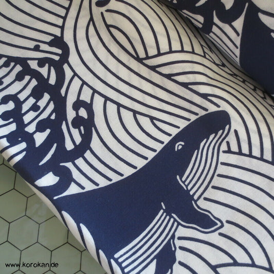 Wale in Wellen mit Kanji Yukata Baumwoll Kimono Stoff, originalgeheftet