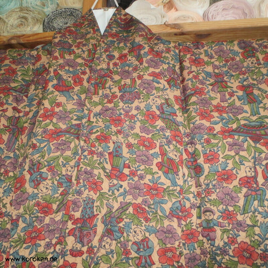 Kinder mit Papierschirmen und Blumen Seidendamast Japan Komon Kimono