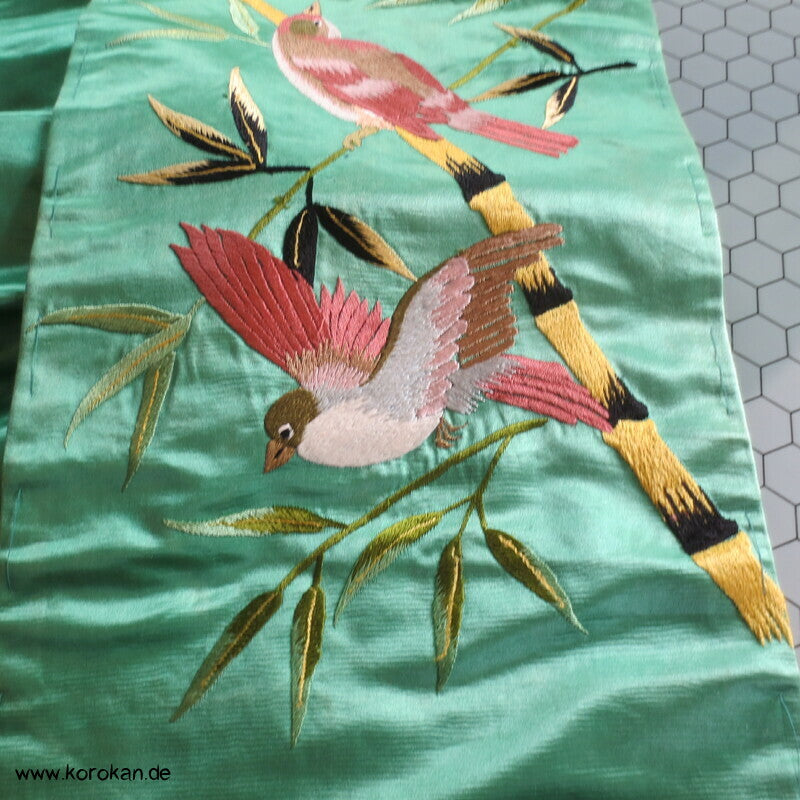 Spatzen im Bambus handgestickt, antiker Nagoya Obi