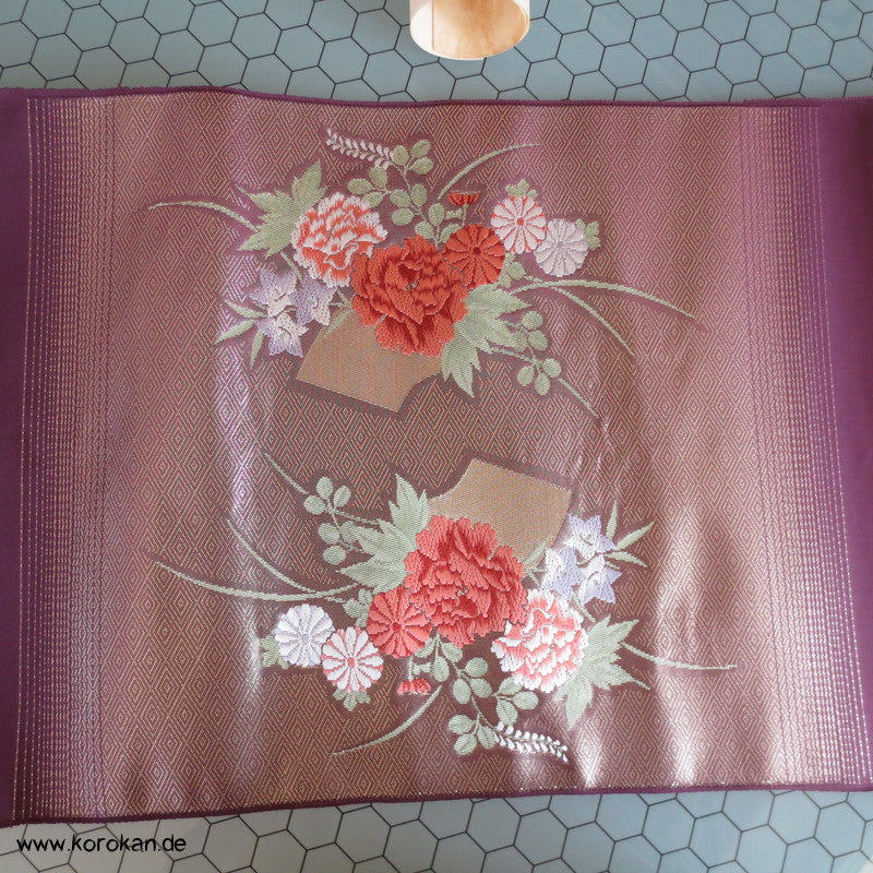 Diamantmuster und Blumenbouquet Nagoya Obi Seidenbrokat