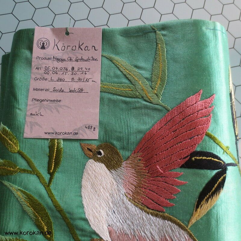 Spatzen im Bambus handgestickt, antiker Nagoya Obi