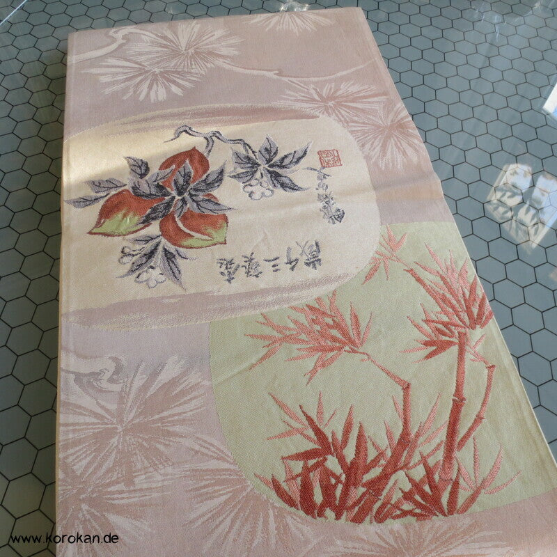 Tachibana, Kanji, Bambus, Kiefer Fukuro Obi Seidenjacquard Kimonogürtel