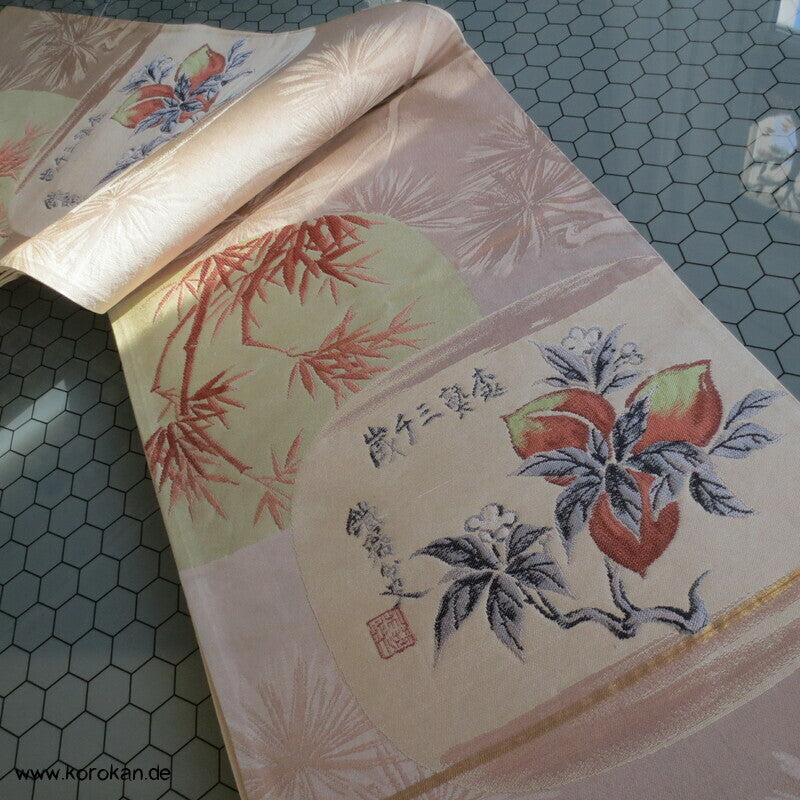 Tachibana, Kanji, Bambus, Kiefer Fukuro Obi Seidenjacquard Kimonogürtel