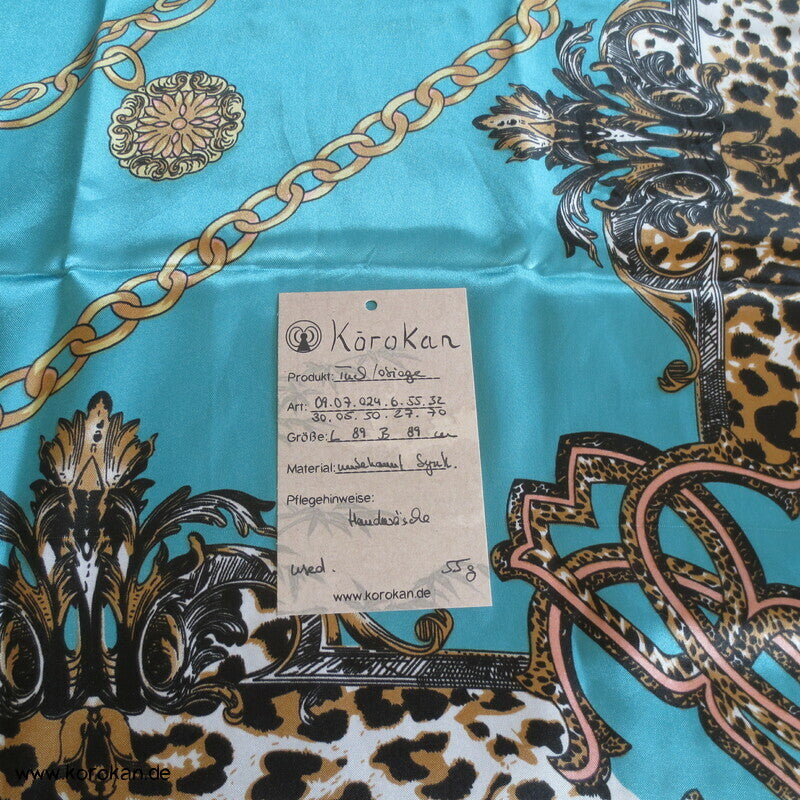 Drucktuch mit Leoprint und türkis - als Furoshiki, Schal