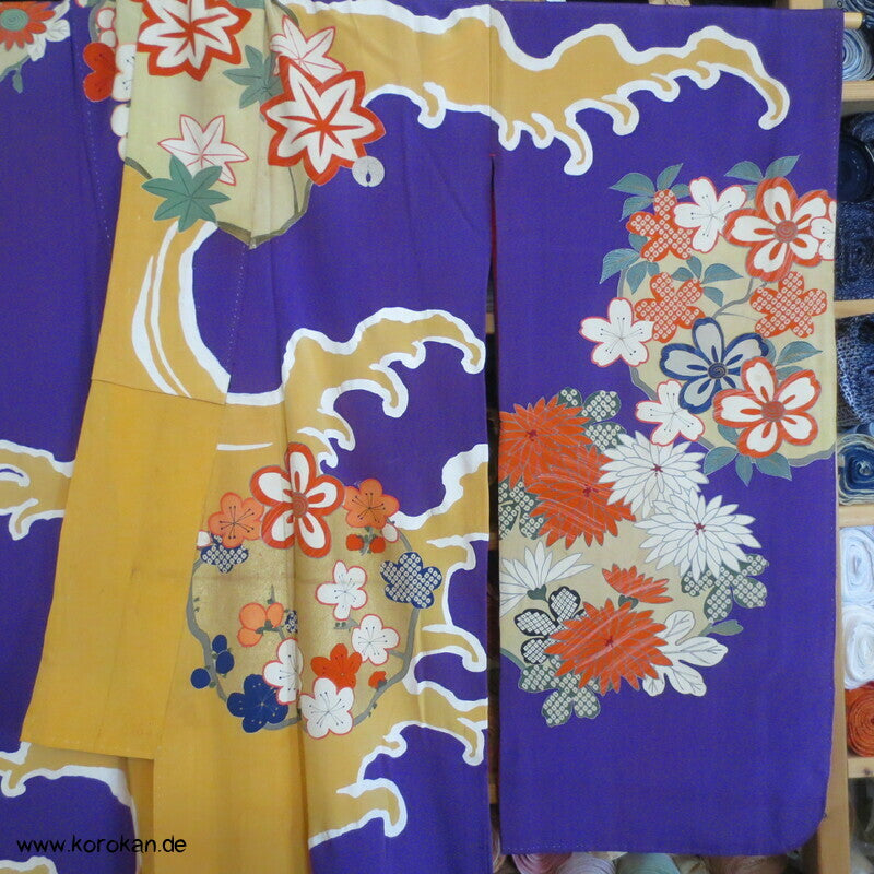 Kusudama, Wellen auf violett, antiker Seiden Furisode Kimono