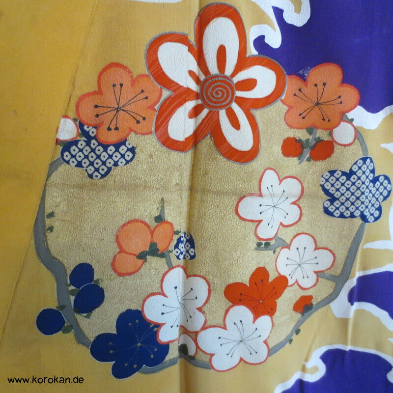 Kusudama, Wellen auf violett, antiker Seiden Furisode Kimono