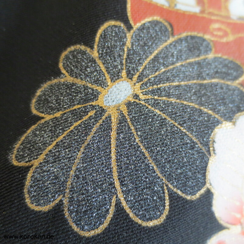 schwarz mit Päonien Haori Kimono Seidecrepe Karieba Stoff