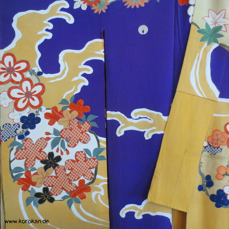 Kusudama, Wellen auf violett, antiker Seiden Furisode Kimono