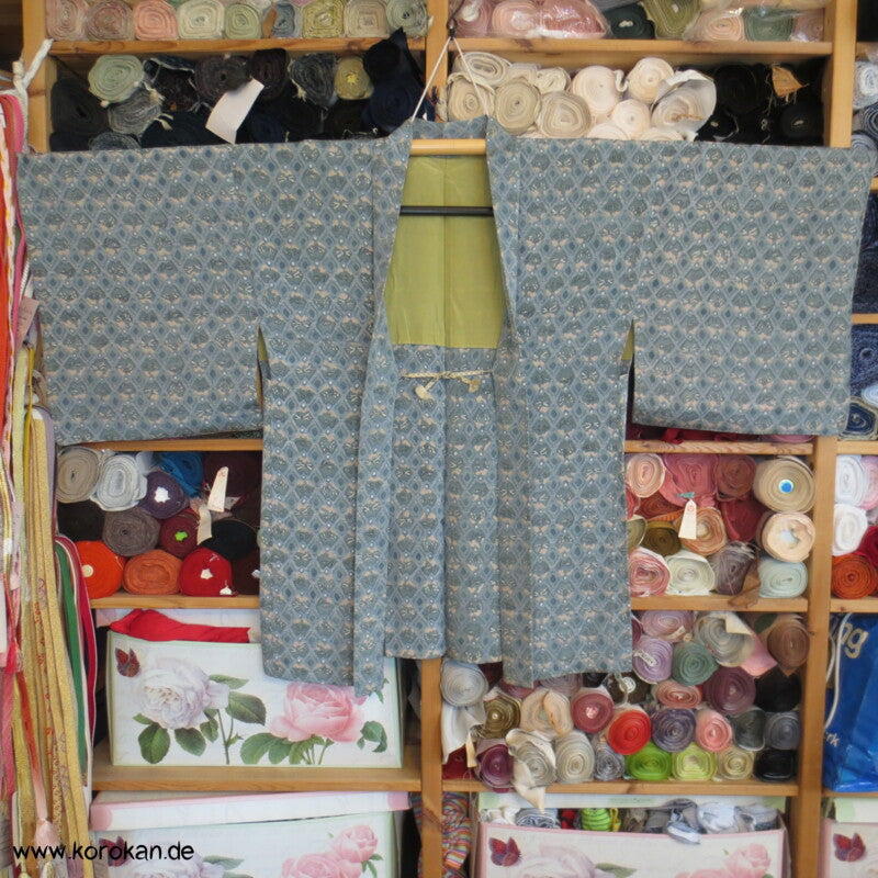graublau - seladon Rauten Haori Kimono Jacke mit Himo