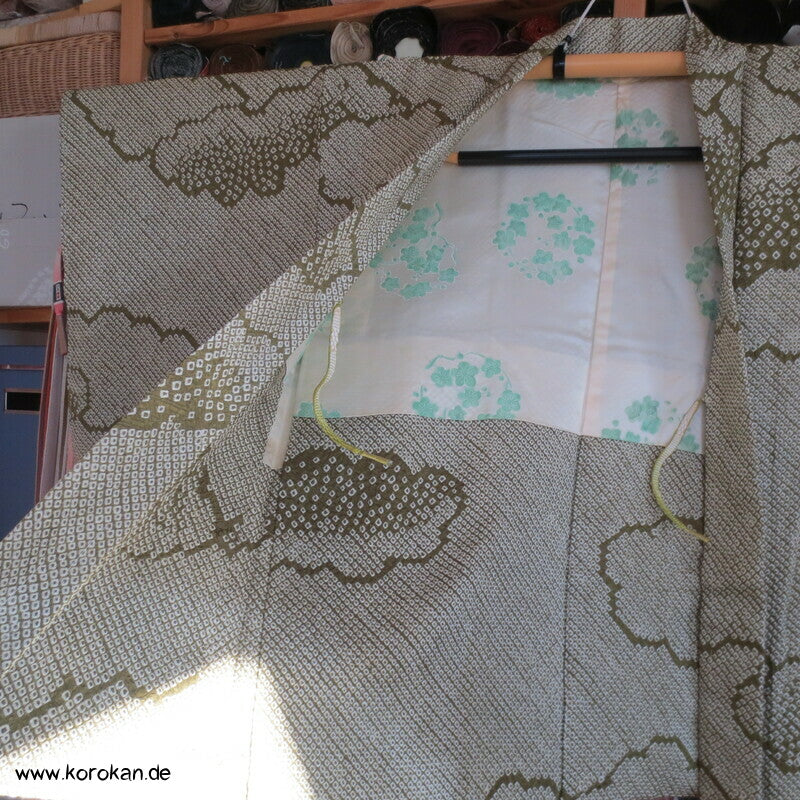 Full Shibori grüne Wolke Seiden Haori Kimono Jacke, mit Himo