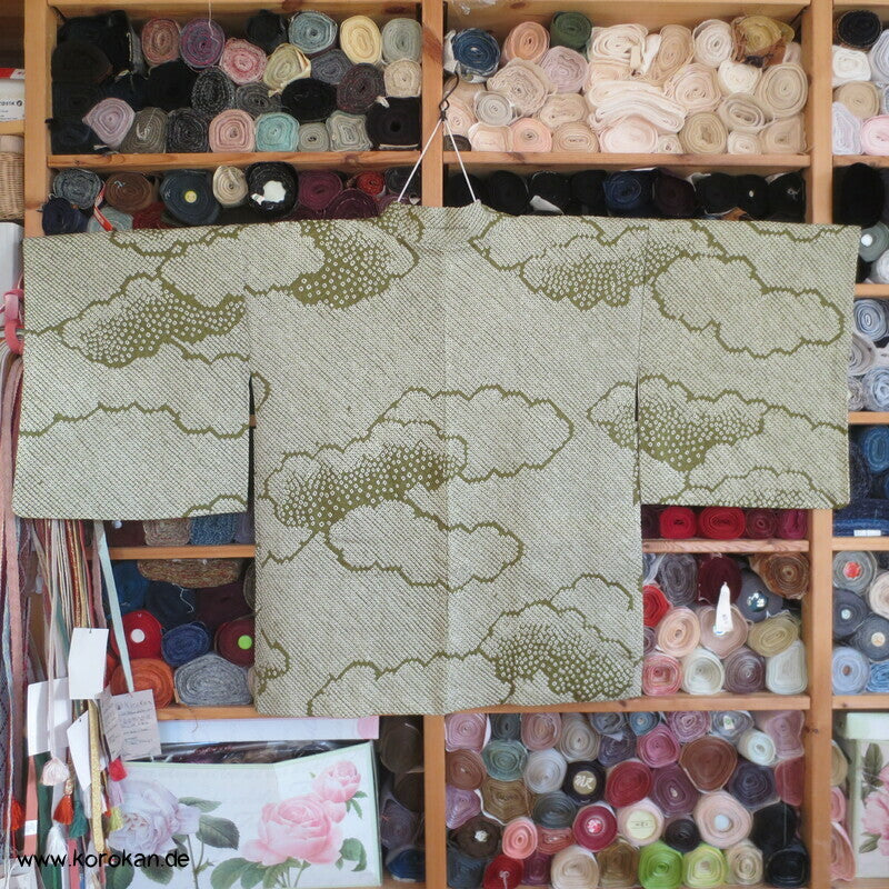 Full Shibori grüne Wolke Seiden Haori Kimono Jacke, mit Himo
