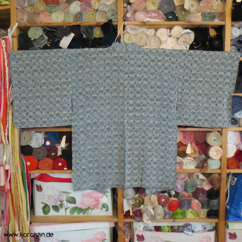 graublau - seladon Rauten Haori Kimono Jacke mit Himo