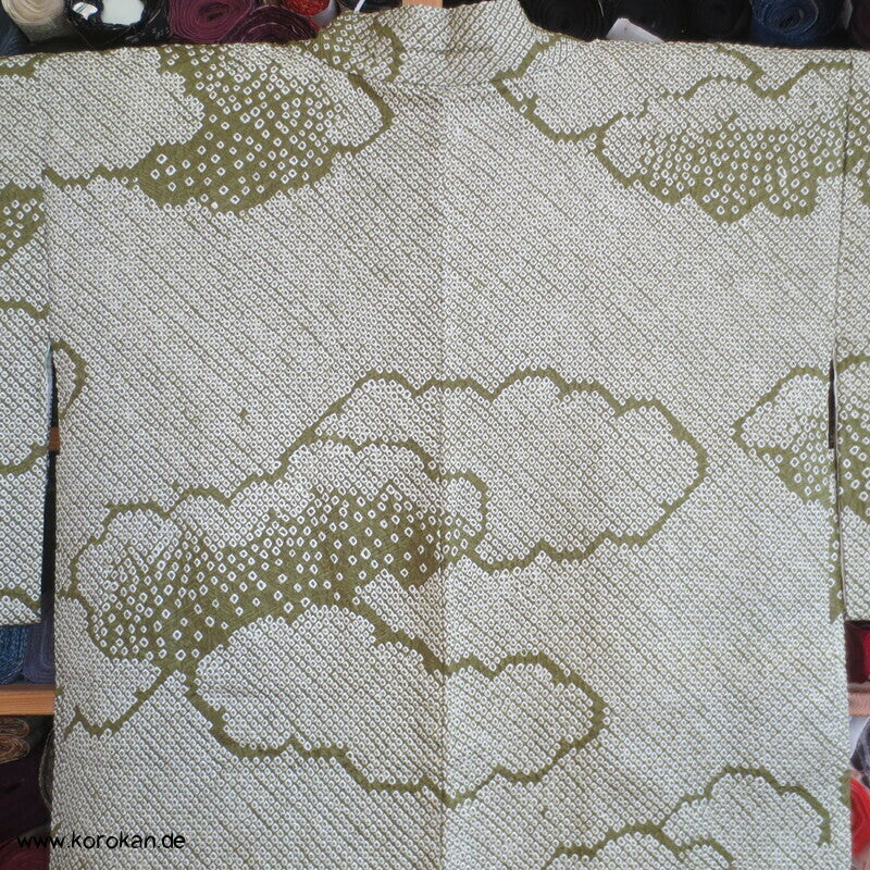 Full Shibori grüne Wolke Seiden Haori Kimono Jacke, mit Himo