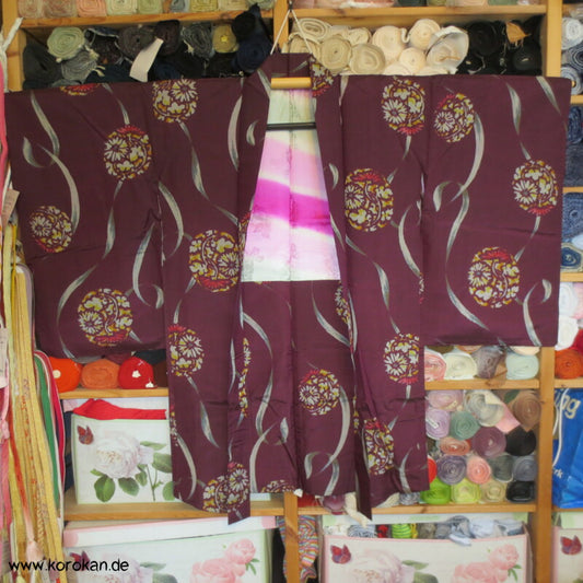 Japan Art Deco weinrot - bunte Meisen Seiden Haori Kimono Jacke