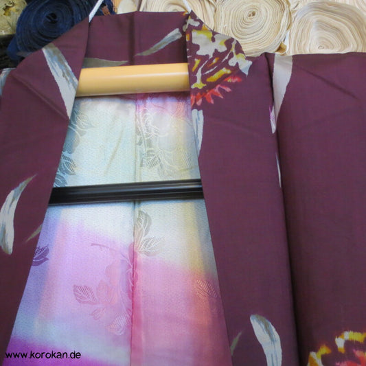 Japan Art Deco weinrot - bunte Meisen Seiden Haori Kimono Jacke