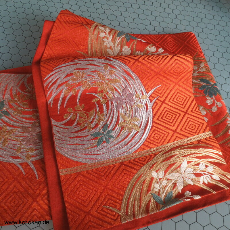 Reisgarbenrondelle auf persimmon Fukuro Obi Seidenbrokat Kimonogürtel