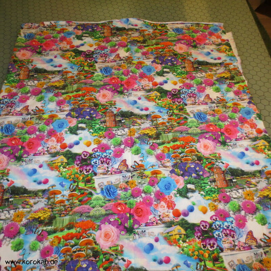 Baumwoll Jersey Stoffstück neonbunte Blüten und Schmetterlinge