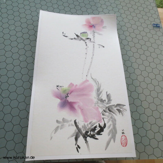 Sumi E Baumpäonien Aquarell - handgemalt, Künstlerstempel