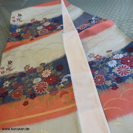 Blumenwiese auf blau - lachs - kiesel Fukuro Obi