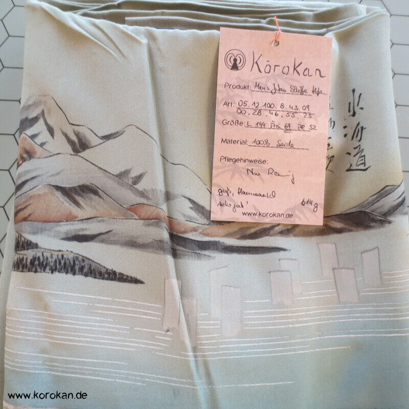 gemalte Hafenlandschaft, Boote, schilffarbene Seide, Juban Unter Kimono