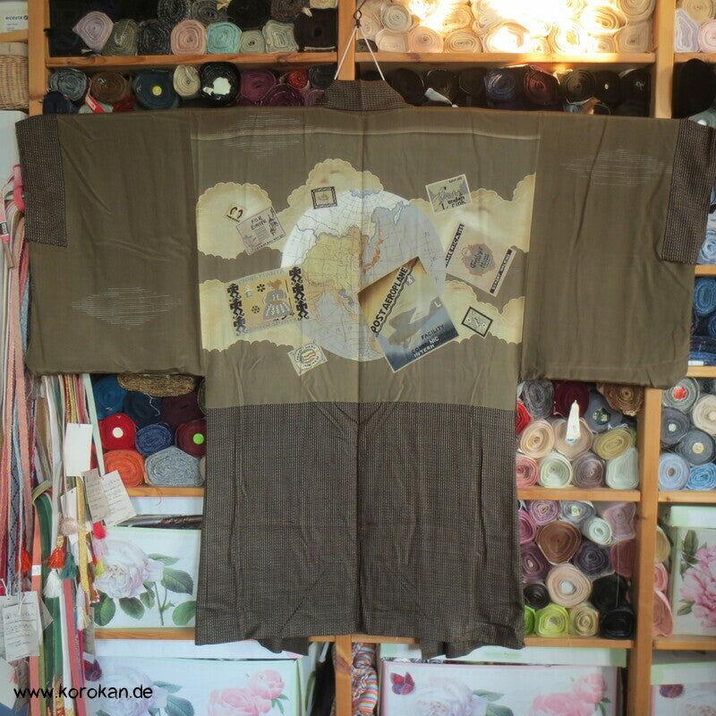 Manchuko Karte Futter Haori Kimono Jacke, Tsumugi Seide