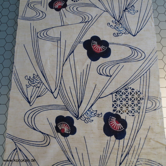 Wellen Blüten indigo, rot Yukata Stoff - antik