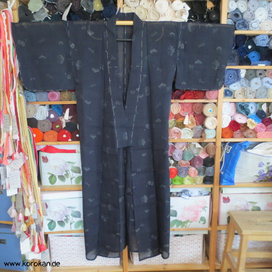 japanische Muster beige auf schwarzbraun Sha Organza Hitoe Kimono