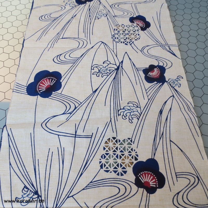 Wellen Blüten indigo, rot Yukata Stoff - antik