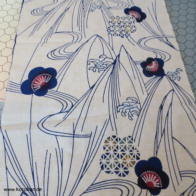 Wellen Blüten indigo, rot Yukata Stoff - antik