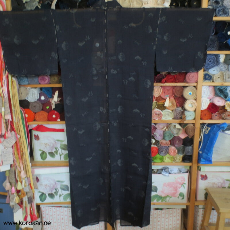japanische Muster beige auf schwarzbraun Sha Organza Hitoe Kimono