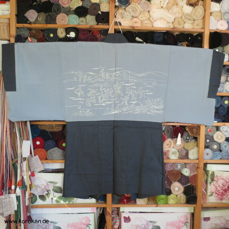 Chuga Giga Manga Futter - Haori Jacke blauer Seiden Tsumugi