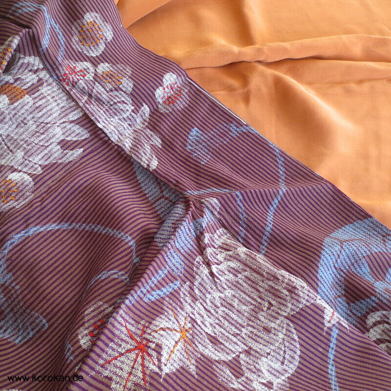 Genji Räder und Chrysanthemen antiker Komon Kimono, leichter Crepe