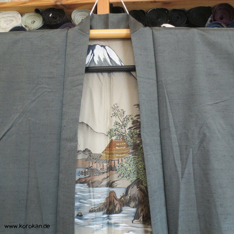 schiefergraugrüne Fushi Tsumugi Seiden Haori, Hütte am Fluss Futter