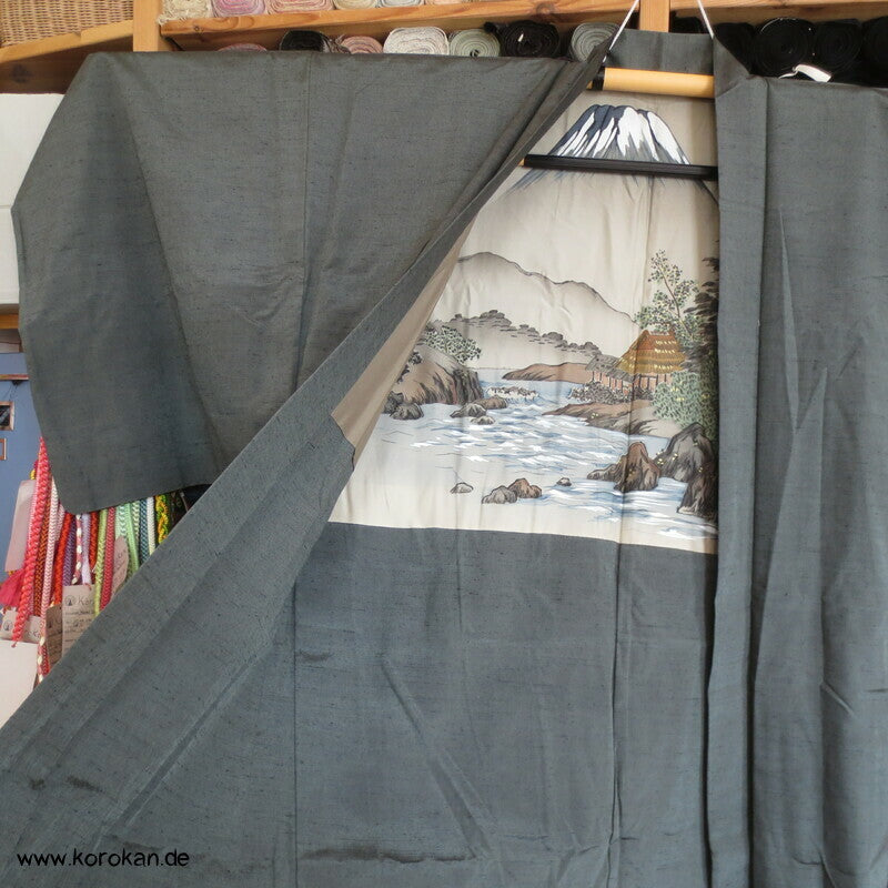 schiefergraugrüne Fushi Tsumugi Seiden Haori, Hütte am Fluss Futter
