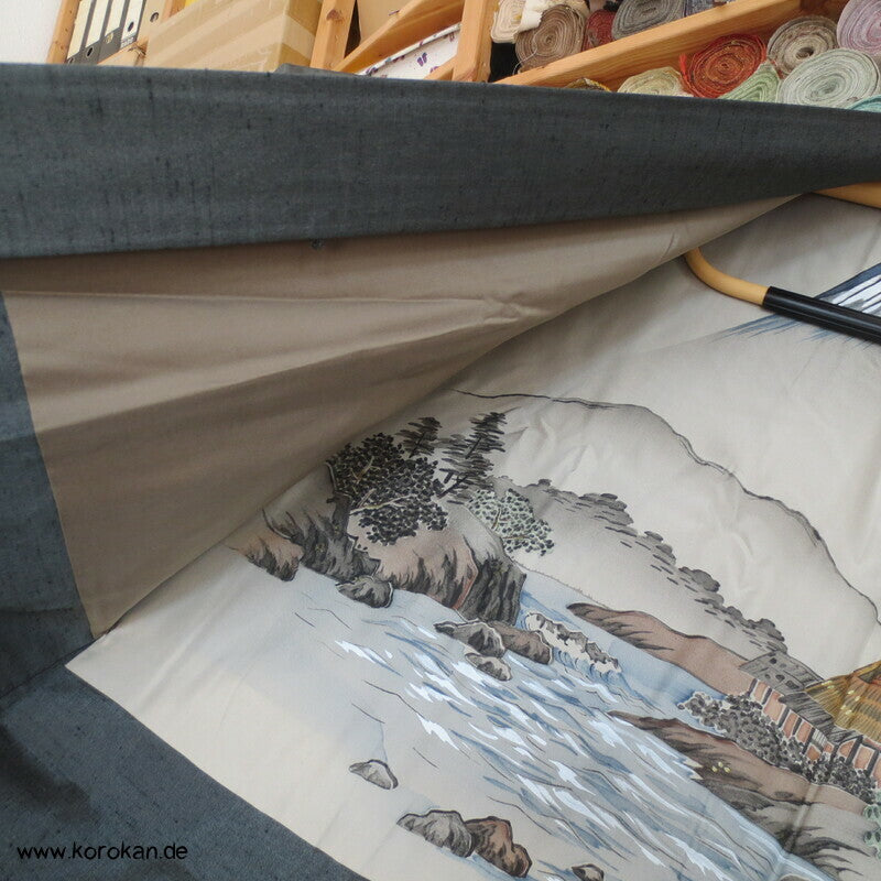 schiefergraugrüne Fushi Tsumugi Seiden Haori, Hütte am Fluss Futter
