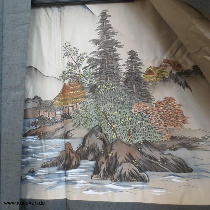 schiefergraugrüne Fushi Tsumugi Seiden Haori, Hütte am Fluss Futter