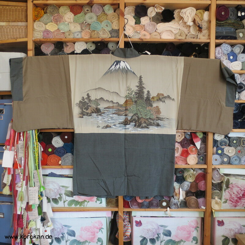 schiefergraugrüne Fushi Tsumugi Seiden Haori, Hütte am Fluss Futter
