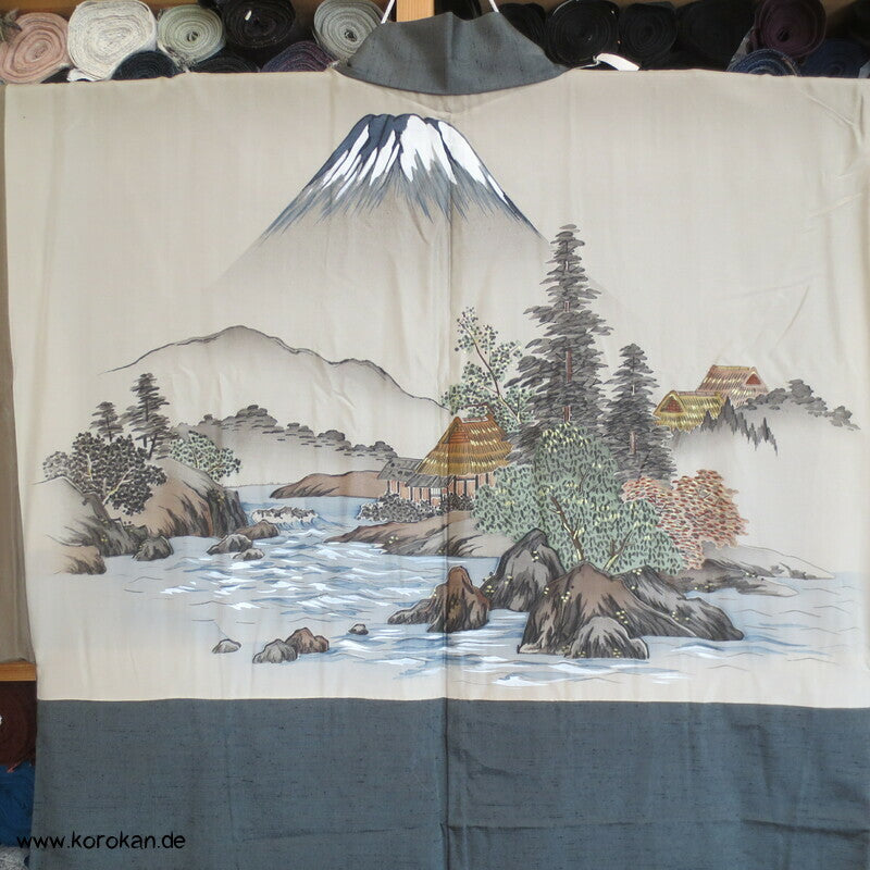 schiefergraugrüne Fushi Tsumugi Seiden Haori, Hütte am Fluss Futter