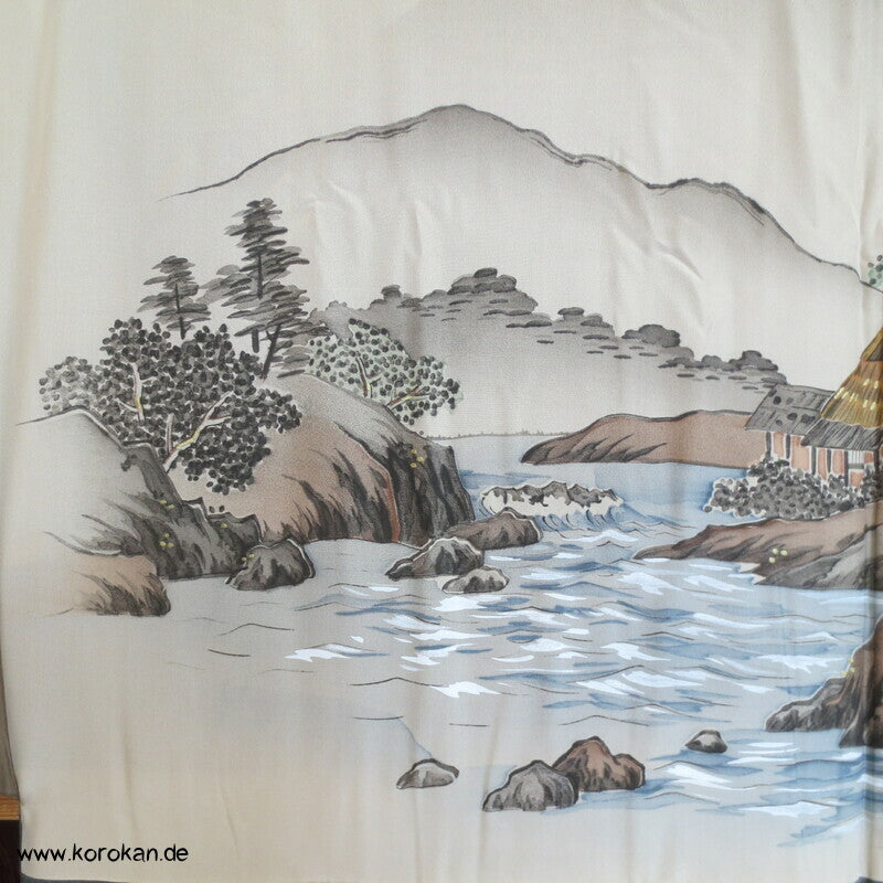 schiefergraugrüne Fushi Tsumugi Seiden Haori, Hütte am Fluss Futter