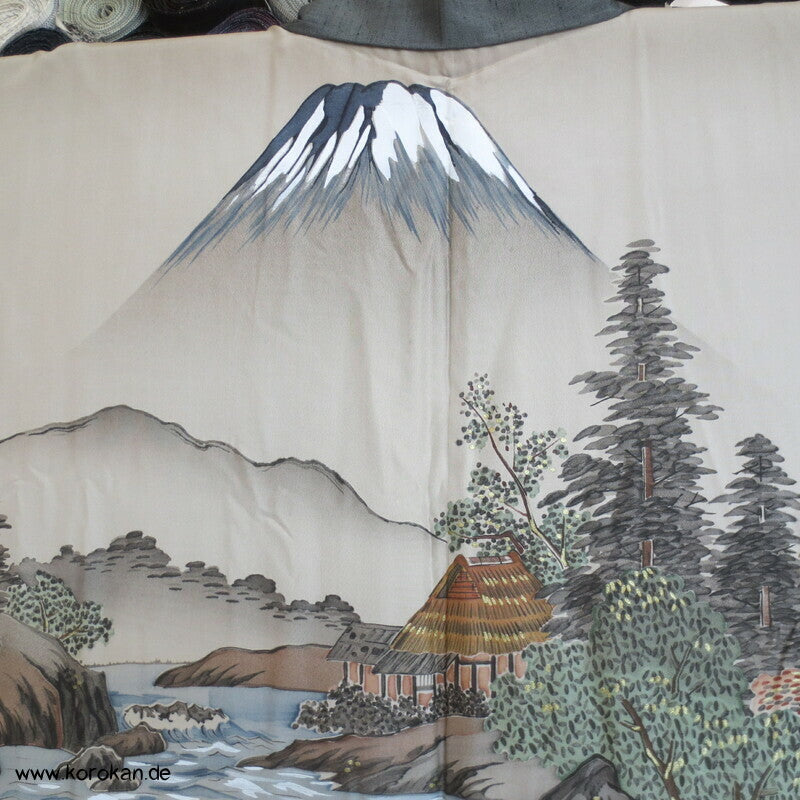 schiefergraugrüne Fushi Tsumugi Seiden Haori, Hütte am Fluss Futter