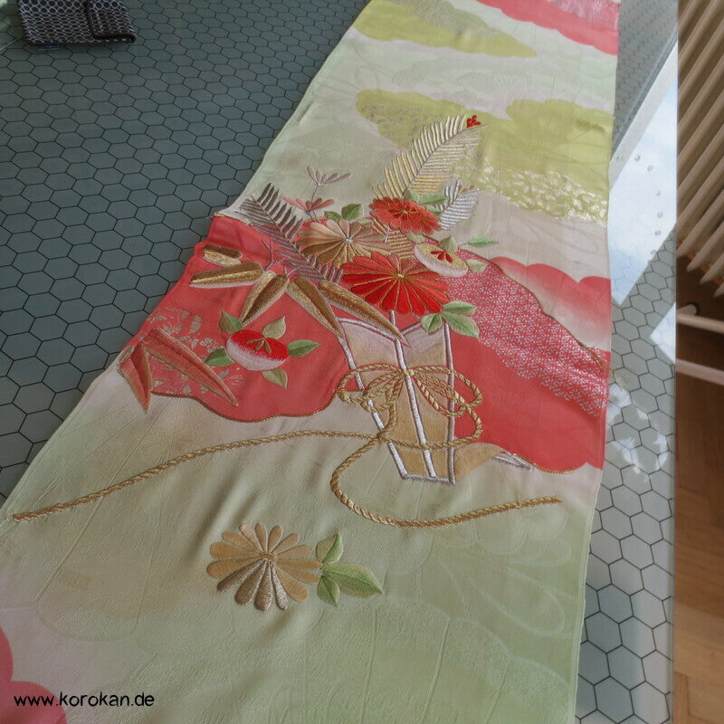 Fächer Rinzu Damast Seide, Stickerei, Furisode Stoffstücke