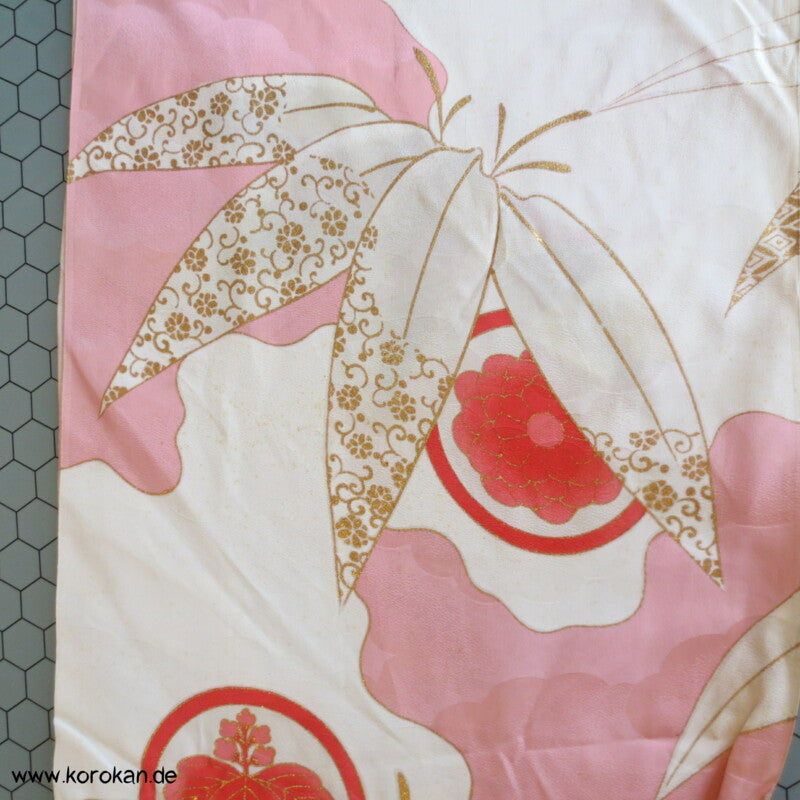 rosa Wolken, goldener Bambus Kimono Seide