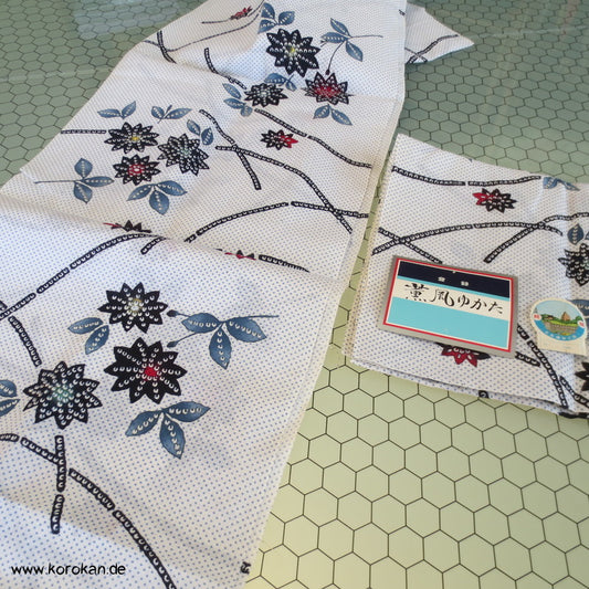 Kiku, Gräser, Kanoko Dots Yukata Kimono Baumwolle